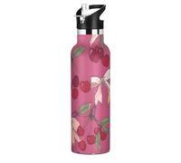 Mnsruu Cherry Pink Bow Red Water Bottle Stainless Steel Drink Flask with Straw Cap Insulated Bottle for Boys Girls Sports 20 oz (600 ml)