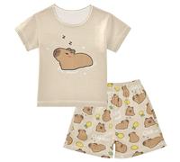 Mnsruu Chill Out Cute Capybara Summer Child Pajamas Set for Kids Short Sleeve Cotton Sleepwear for Boys and Girls