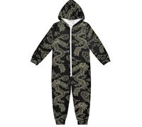Mnsruu Chinese Oriental Dragon Clouds Black Children Hooded Pyjamas Set for 4-14 Years Boys Girls Kids Loungewear Zip Up Sleepwear All in One Sleepsuit Jumpsuit Nightwear
