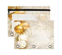 Mnsruu Christmas Gold Ball 3 Rings Binder Pouch Pencil Case, 2 Pack Pencil Pouches with Zipper, Clear Window Cosmetic Bag