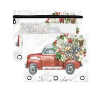 Mnsruu Christmas Red Truck 3 Rings Binder Pouch Pencil Case, 2 Pack Pencil Pouches with Zipper, Clear Window Cosmetic Bag