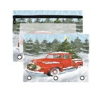 Mnsruu Christmas Red Truck 3 Rings Binder Pouch Pencil Case, 2 Pack Pencil Pouches with Zipper, Clear Window Cosmetic Bag