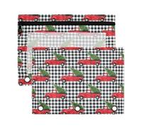 Mnsruu Christmas Red Truck Buffalo Check Plaid 3 Rings Binder Pouch Pencil Case, 2 Pack Pencil Pouches with Zipper, Clear Window Cosmetic Bag