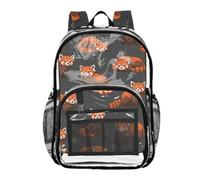Mnsruu Clear Backpack for School Cute Red Panda Animal Green Grass Cartoon Doodle Pattern on Black Transparent Bookbag for Girls See Through PVC Boy Backpacks
