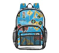 Mnsruu Clear Backpack for School Seamless Pattern Of Construction Trucks and Tractors in A Blue Background Transparent Bookbag for Girls See Through PVC Boy Backpacks