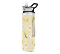 Mnsruu Clear Sport Water Bottle with Straw,Leakproof Drinking Bottle,Cute Bee Daisy Flower Yellow Cycling Bottles for Sport,Office,School,BPA Free Tritan Plastic,1 Litre