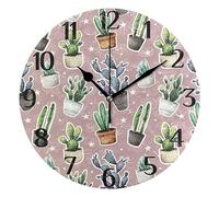 Mnsruu Clock 111 Cactus Stars Pink Wall Clock Silent Non-Ticking Round Wall Clock 25cm Easy to Read Decorative Clocks for Living Room Dinning Kitchen Home Battery Operated