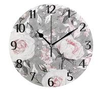 Mnsruu Clock 111 Pink Rose Grey Watercolor Flower Wall Clock Silent Non-Ticking Round Wall Clock 25cm Easy to Read Decorative Clocks for Living Room Dinning Kitchen Home Battery Operated