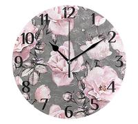 Mnsruu Clock 111 Pink Rose Watercolor Flower Grey Wall Clock Silent Non-Ticking Round Wall Clock 25cm Easy to Read Decorative Clocks for Living Room Dinning Kitchen Home Battery Operated