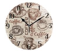 Mnsruu Clock Coffee Brown Coffee Cup Retro Wall Clock Silent Non-Ticking Round Wall Clock 25cm Easy to Read Decorative Clocks for Living Room Dinning Kitchen Home Battery Operated