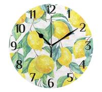 Mnsruu Clock Lemon Yellow Tropical Fruit Leaves Wall Clock Silent Non-Ticking Round Wall Clock 25cm Easy to Read Decorative Clocks for Living Room Dinning Kitchen Home Battery Operated