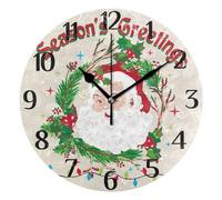Mnsruu Clock Vintage Santa Claus Christmas Wall Clock Silent Non-Ticking Round Wall Clock 25cm Easy to Read Decorative Clocks for Living Room Dinning Kitchen Home Battery Operated