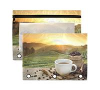 Mnsruu Coffee Cup Beans Sunrise 3 Rings Binder Pouch Pencil Case, 2 Pack Pencil Pouches with Zipper, Clear Window Cosmetic Bag