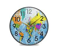 Mnsruu Colorful World Map 9.5 Inch Round Wall Clock Battery Operated Non-Ticking Silent Quartz for Home Living Room Office Kitchen Bedroom
