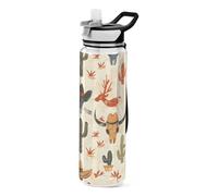 Mnsruu Country Western Style Pattern Water Bottle 32 oz with Straw Lid, Leakproof Tritan BPA-Free Clear Sports Bottles Carry Strap Water Jug for Boys Girls