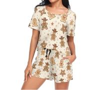 Mnsruu Cowboy Christmas Gingerbread Womens Pyjamas Sets Short Sleeves, Ladies Pajamas Pjs Set Loungewear with Pocket Size L