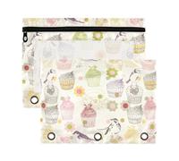 Mnsruu Cupcake Birds 3 Rings Binder Pouch Pencil Case, 2 Pack Pencil Pouches with Zipper, Clear Window Cosmetic Bag