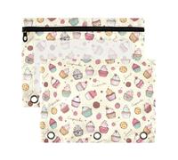 Mnsruu Cupcake Biscuits Berries 3 Rings Binder Pouch Pencil Case, 2 Pack Pencil Pouches with Zipper, Clear Window Cosmetic Bag