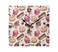 Mnsruu Cupcake Chocolate Cherry Ice Cream Summer 7.9 Inch Square Wall Clock Battery Operated Non-Ticking Silent Quartz for Kitchen Home Living Room Office Bedroom(Gold pointer)