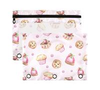 Mnsruu Cupcake Strawberry 3 Rings Binder Pouch Pencil Case, 2 Pack Pencil Pouches with Zipper, Clear Window Cosmetic Bag