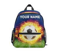 Mnsruu Custom Toddler Backpack, Burning Soccer Ball above Green Football Stadium Kids Snack Bags for Boys Back to School Mini Travel Handbag Gym Sack, Personalised Name
