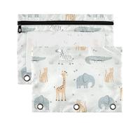 Mnsruu Cute African Animals Elephant 3 Rings Binder Pouch Pencil Case, 2 Pack Pencil Pouches with Zipper, Clear Window Cosmetic Bag