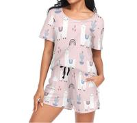 Mnsruu Cute Animal Llamas Pink Womens Pyjamas Sets Short Sleeves, Ladies Pajamas Pjs Set Loungewear with Pocket Size XL