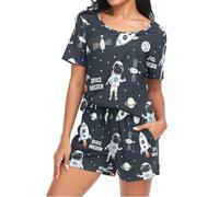 Mnsruu Cute Astronauts Space Rockets Womens Pyjamas Sets Short Sleeves, Ladies Pajamas Pjs Set Loungewear with Pocket Size M
