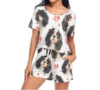 Mnsruu Cute Cavalier King Charles Dog Heart Womens Pyjamas Sets Short Sleeves, Ladies Pajamas Pjs Set Loungewear with Pocket Size XL