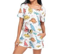 Mnsruu Cute Dinosaur Tyrannosaurus Rex Womens Pyjamas Sets Short Sleeves, Ladies Pajamas Pjs Set Loungewear with Pocket Size M