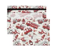 Mnsruu Cute Fire Truck 3 Rings Binder Pouch Pencil Case, 2 Pack Pencil Pouches with Zipper, Clear Window Cosmetic Bag