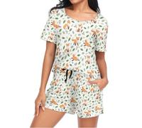 Mnsruu Cute Fox Green Leaves Womens Pyjamas Sets Short Sleeves, Ladies Pajamas Pjs Set Loungewear with Pocket Size S
