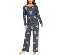 Mnsruu Cute Fox Head Women Pyjamas Set Ladies Pajamas Long Sleeve Loungewear Top and Wide Leg Pants Pjs Set Soft Nightwear Sleepwear S