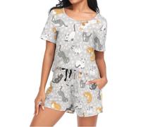 Mnsruu Cute Ginger White Black Cats Womens Pyjamas Sets Short Sleeves, Ladies Pajamas Pjs Set Loungewear with Pocket Size S