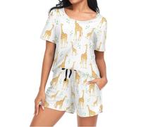 Mnsruu Cute Giraffes Leaves Womens Pyjamas Sets Short Sleeves, Ladies Pajamas Pjs Set Loungewear with Pocket Size XL