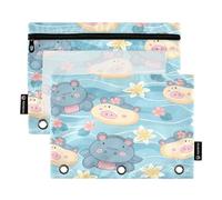 Mnsruu Cute Hippo Pencil Pouch for 3 Ring Binder, 2 PCS Binder Pencil Pouch with Zipper, Clear Window Zipper Pencil Case Pencil Bags for Office Supplies
