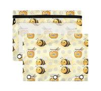 Mnsruu Cute Honey Bee Flowers 3 Rings Binder Pouch Pencil Case, 2 Pack Pencil Pouches with Zipper, Clear Window Cosmetic Bag