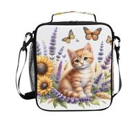 Mnsruu Cute Kitten Cat Lavender Sunflower Butterfly Lunch Bag Kids Insulated Lunch Box Tote Bag Cold Thermal Freezable Shoulder Strap for Boys Girls School Picnic