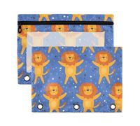 Mnsruu Cute Lion and Stars 3 Rings Binder Pouch Pencil Case, 2 Pack Pencil Pouches with Zipper, Clear Window Cosmetic Bag