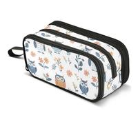 Mnsruu Cute Owls Flowers White Hand Drawn Pencil Case Large Capacity Pen Pouch Pencil Bag with 3 Compartments Pen Holder Organizer Stationery Bag