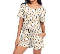 Mnsruu Cute Penguin Heart Yellow Womens Pyjamas Sets Short Sleeves, Ladies Pajamas Pjs Set Loungewear with Pocket Size L