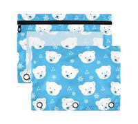 Mnsruu Cute Polar Bear Snowflake 3 Rings Binder Pouch Pencil Case, 2 Pack Pencil Pouches with Zipper, Clear Window Cosmetic Bag