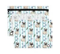 Mnsruu Cute Pugs Forget-me-nots Striped 3 Rings Binder Pouch Pencil Case, 2 Pack Pencil Pouches with Zipper, Clear Window Cosmetic Bag