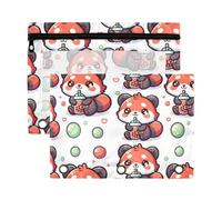 Mnsruu Cute Red Panda Bubble Tea 3 Rings Binder Pouch Pencil Case, 2 Pack Pencil Pouches with Zipper, Clear Window Cosmetic Bag