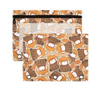 Mnsruu Cute Red Panda Seamless 3 Rings Binder Pouch Pencil Case, 2 Pack Pencil Pouches with Zipper, Clear Window Cosmetic Bag