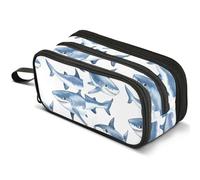 Mnsruu Cute Sharks Hand Drawn Pencil Case Large Capacity Pen Pouch Pencil Bag with 3 Compartments Pen Holder Organizer Stationery Bag
