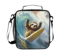 Mnsruu Cute Sloth Surfing Lunch Bag for Kids, Insulated Lunch Box Large Freezable Lunch Boxes Cooler Meal Prep Lunch Tote with Shoulder Strap for Boys Girls