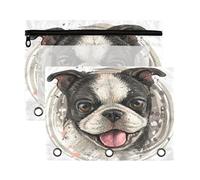 Mnsruu Cute Splashes Watercolor Puppy Dog Boston Terrier 3 Rings Binder Pouch Pencil Case, 2 Pack Pencil Pouches with Zipper, Clear Window Cosmetic Bag