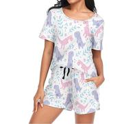 Mnsruu Cute T-rex Girl Dinosaurs Womens Pyjamas Sets Short Sleeves, Ladies Pajamas Pjs Set Loungewear with Pocket Size L