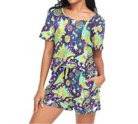 Mnsruu Dinosaurs Astronauts Rockets Planets Womens Pyjamas Sets Short Sleeves, Ladies Pajamas Pjs Set Loungewear with Pocket Size XXL